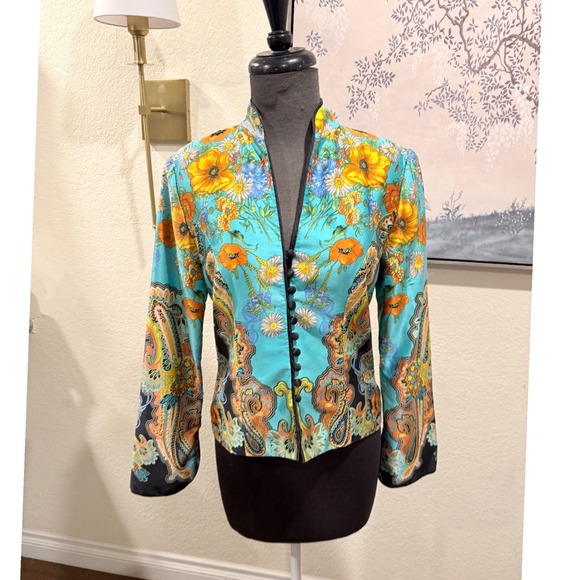 JS Collections Silk Floral Paisley Jacket Turquoise Orange Loop Button Size 6 - Picture 2 of 8